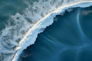 an aerial view of a wave breaking on the ocean.Drone photo backdrop of sea wave in bird eye waves. generative ai