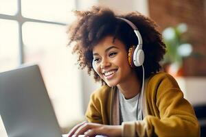 attractive smiling girl using laptop. genarative ai photo