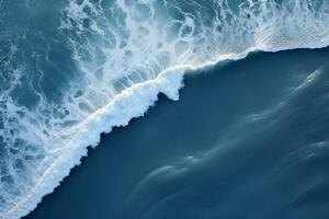 an aerial view of a wave breaking on the ocean.Drone photo backdrop of sea wave in bird eye waves. generative ai