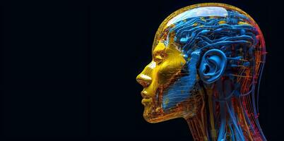 Side view of a humanoid head with blue and yellow eyes and vibrant neon neural network, representing futuristic technology and artificial intelligence. Generative AI photo