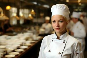 retrato de un sonriente hembra cocinero en pie en un restaurante,generativo ai foto
