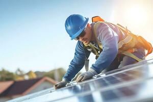 Solar power engineer installing solar panels on the roof. generative ai photo