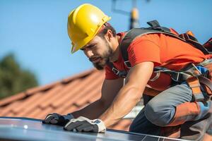 Solar power engineer installing solar panels on the roof. generative ai photo