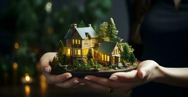 un persona participación un miniatura casa en su mano. generativo ai foto