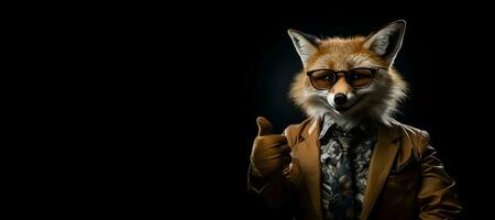 portrait of a fox wearing glasses and a suit and showing thumbs up. copy space. generative ai photo