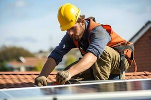 Solar power engineer installing solar panels on the roof. generative ai photo