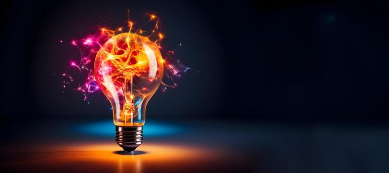 Creative light bulb explodes with colorful paint and splashes on a dark background. Think differently creative idea concept .generative ai photo