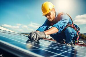 Solar power engineer installing solar panels on the roof. generative ai photo