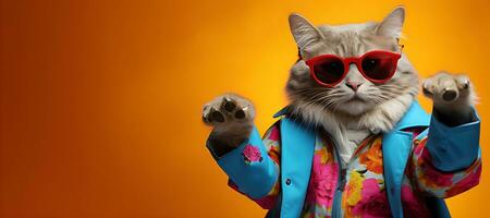 creativo animal concepto. un gato vistiendo Gafas de sol y un vistoso chaqueta, digital arte, facetado, Copiar espacio. generativo ai foto