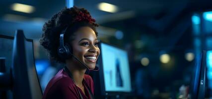 Female African American customer support agent working at a call center. Generative AI photo