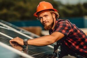 Solar power engineer installing solar panels on the roof. generative ai photo