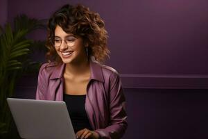 attractive smiling girl using laptop. genarative ai photo