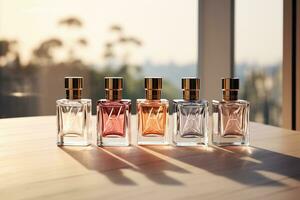 perfume bottles mockup for perfume product on the table background photo