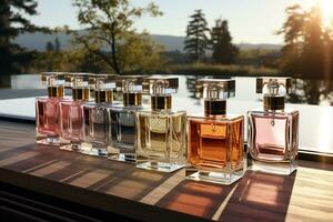 perfume bottles mockup for perfume product on the table background photo