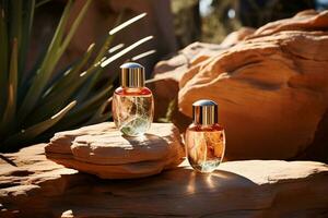 perfume bottles  mockup on the rock nature background photo