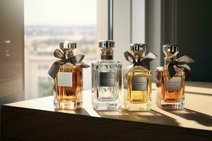 perfume bottles mockup for perfume product on the table background photo