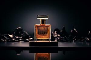 perfume bottle mockup for perfume product on the table dark and luxury background photo
