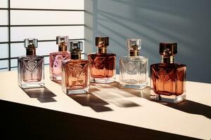 perfume bottles mockup for perfume product on the table background photo