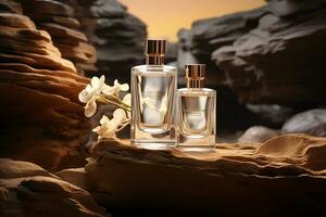 perfume bottles  mockup on the rock nature background photo
