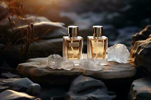 perfume bottles  mockup on the rock nature background photo