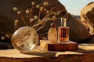 perfume bottles  mockup on the rock nature background photo