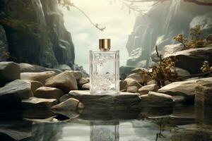 perfume bottles  mockup on the rock nature background photo