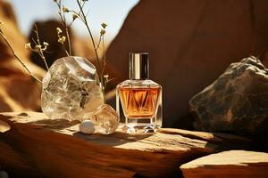 perfume bottles  mockup on the rock nature background photo