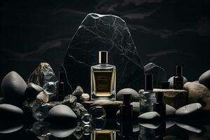 perfume bottles  mockup on the dark tone nature background photo
