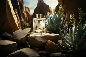 perfume bottles  mockup on the rock nature background photo