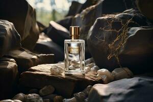 perfume bottles  mockup on the rock nature background photo