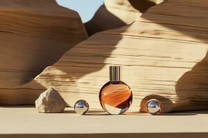 perfume bottles  mockup on the rock nature background photo