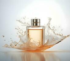 transparent Bottle of perfume with splash on light background. generative ai photo