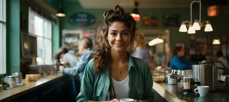 Cheerful mature waitress waiting for clients at coffee shop, Successful small business owner standing at entrance. Generative AI photo