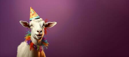 Creative animal concept. goat wearing a party hat on a purple background, digital art, faceted, copy space. Generative AI photo