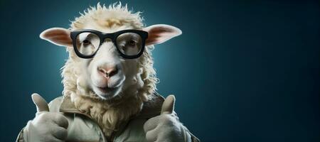 portrait of a a sheep wearing glasses and a jacket and showing thumbs up. copy space. generative ai photo