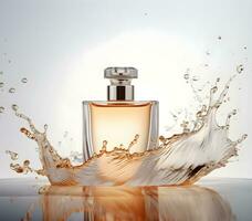 transparent Bottle of perfume with splash on light background. generative ai photo