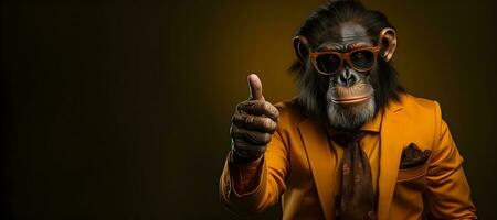 portrait of a monkey in suit and glasses showing thumbs up.generative ai photo