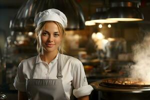 retrato de un sonriente hembra cocinero en pie en un restaurante,generativo ai foto