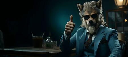 portrait of a wolf in a suit and sunglasses giving the thumbs up.copy space, generative ai photo