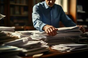 a man hard working with a lot of paper on work table photo