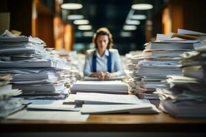 a women hard working with a lot of paper on work table photo