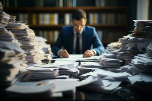 a man hard working with a lot of paper on work table photo