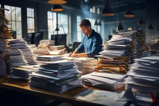 un hombre difícil trabajando con un lote de papel en trabajo mesa foto