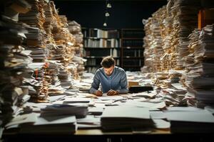 a man hard working with a lot of paper on work table photo