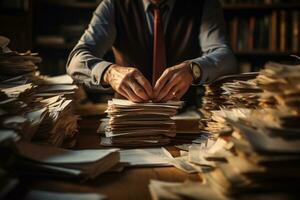 a man hard working with a lot of paper on work table photo