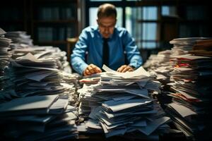 un hombre difícil trabajando con un lote de papel en trabajo mesa foto