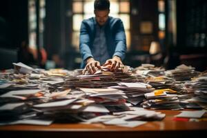 un hombre difícil trabajando con un lote de papel en trabajo mesa foto