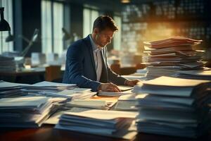 a man hard working with a lot of paper on work table photo