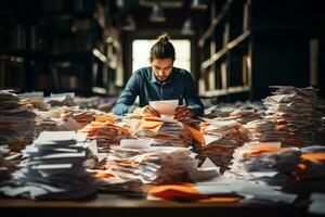 un hombre difícil trabajando con un lote de papel en trabajo mesa foto