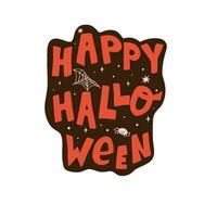 Happy Halloween sticker, lettering isolated element. Vector handwritten orange text on the brown background, inscription for cards, invitations. Funny spooky illustration, sayings, phrase.